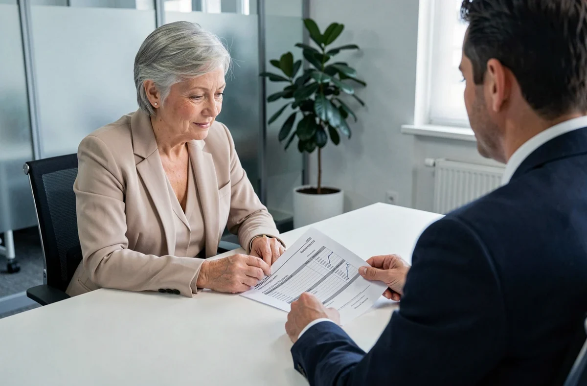 Femme senior en consultation avec un conseiller retraite pour calculer sa surcote et ses droits à pension