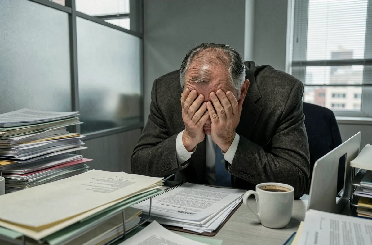Homme d'affaires effondré sur son bureau encombré, visage dans les mains, symbolisant le burn-out et l'opposé de la résilience professionnelle
