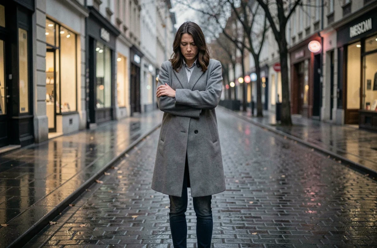 Femme seule dans une rue mouillée sous la pluie, les bras croisés, exprimant la vulnérabilité émotionnelle et l'absence de résilience