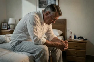 Homme épuisé assis au bord d'un lit, tête baissée, illustrant l'état opposé à la résilience face à l'adversité