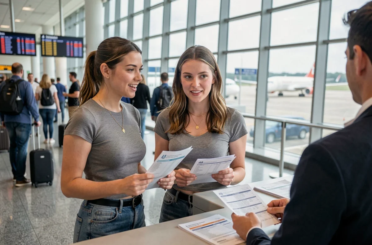 Un couple discute avec un conseiller de voyage dans un aéroport en tenant des documents de réservation imprimés