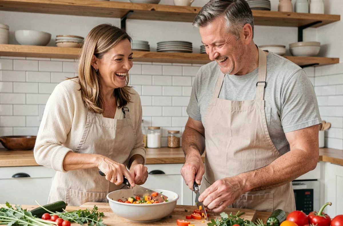 Couple cuisinant ensemble dans une cuisine moderne avec bonne humeur et complicité, illustrant la vie quotidienne harmonieuse