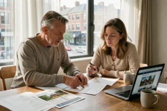 Couple en train d'étudier les documents financiers pour l'achat d'une résidence secondaire