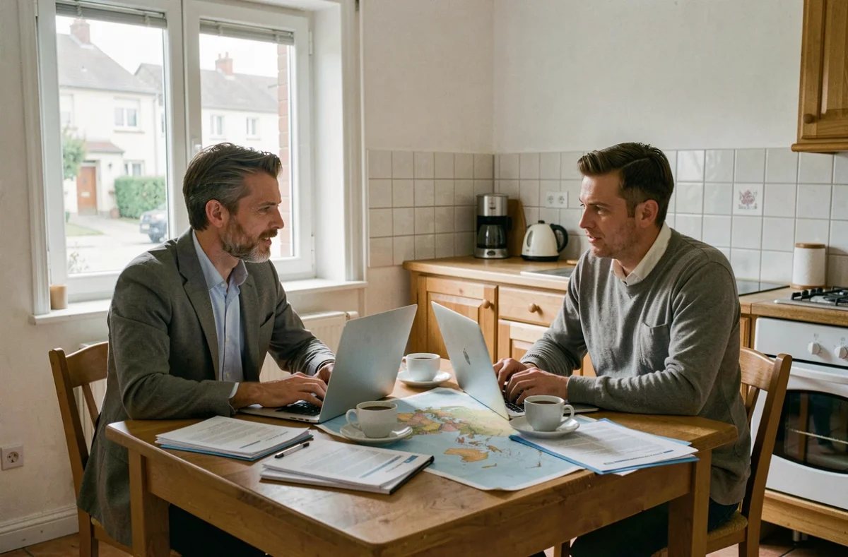 Un couple français planifie son expatriation autour d'une table avec documents et carte du monde, dans une maison de banlieue parisienne