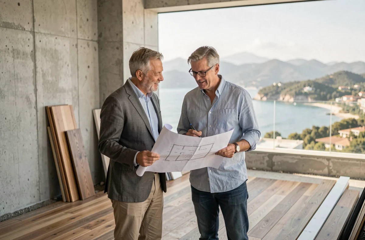 Couple fortuné examinant des plans architecturaux sur le chantier d'un bien immobilier de prestige avec vue panoramique