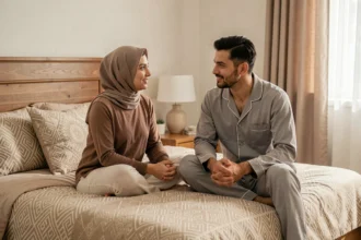Couple musulman en conversation sereine dans une chambre à coucher décorée avec soin, illustrant la vie conjugale harmonieuse en Islam