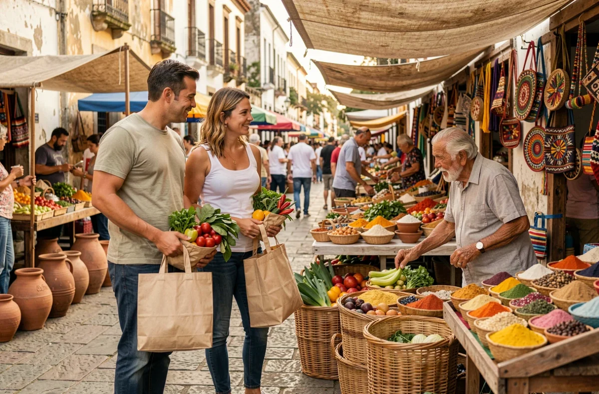 Un couple de voyageurs lents discute avec un vendeur dans un marché local d'Amérique du Sud, illustrant l'immersion culturelle du voyage lent