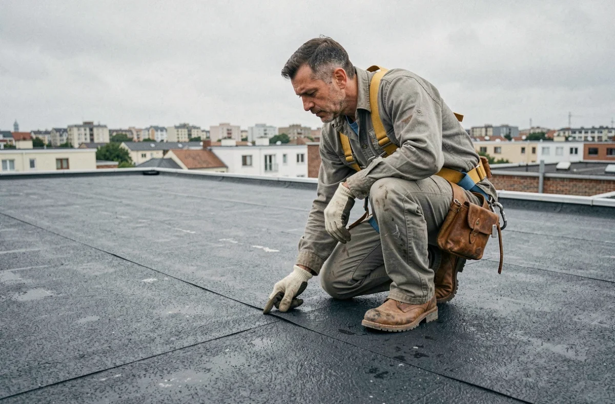 Couvreur professionnel inspectant l'étanchéité d'un toit plat en milieu urbain