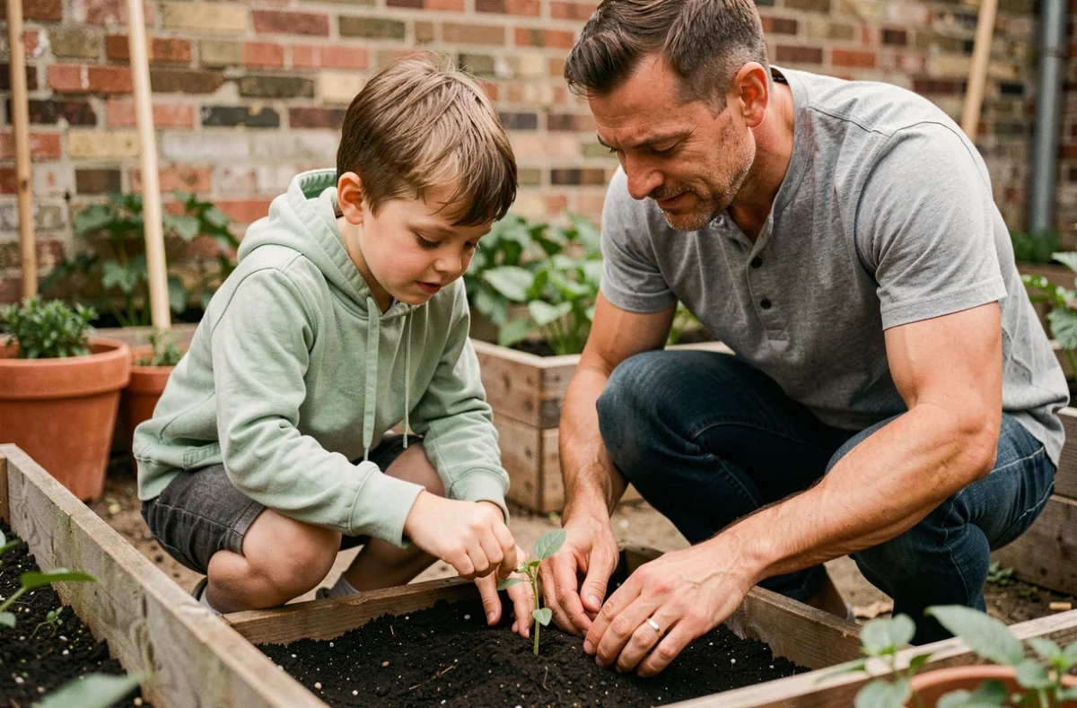 Un père et son fils observent ensemble une jeune pousse dans un potager, illustrant la métaphore de la croissance et du développement