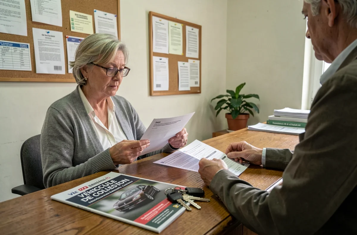 Femme consultant des documents d'immatriculation de véhicule de collection dans un bureau administratif
