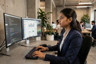 Femme développeuse fintech travaillant sur du code Python et des tableaux de bord financiers dans un bureau moderne