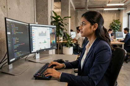 Femme développeuse fintech travaillant sur du code Python et des tableaux de bord financiers dans un bureau moderne