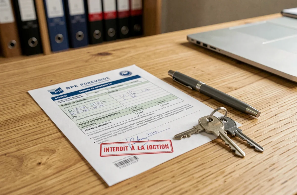 Rapport de diagnostic de performance énergétique DPE avec tampon interdit à la location posé sur un bureau de professionnel immobilier