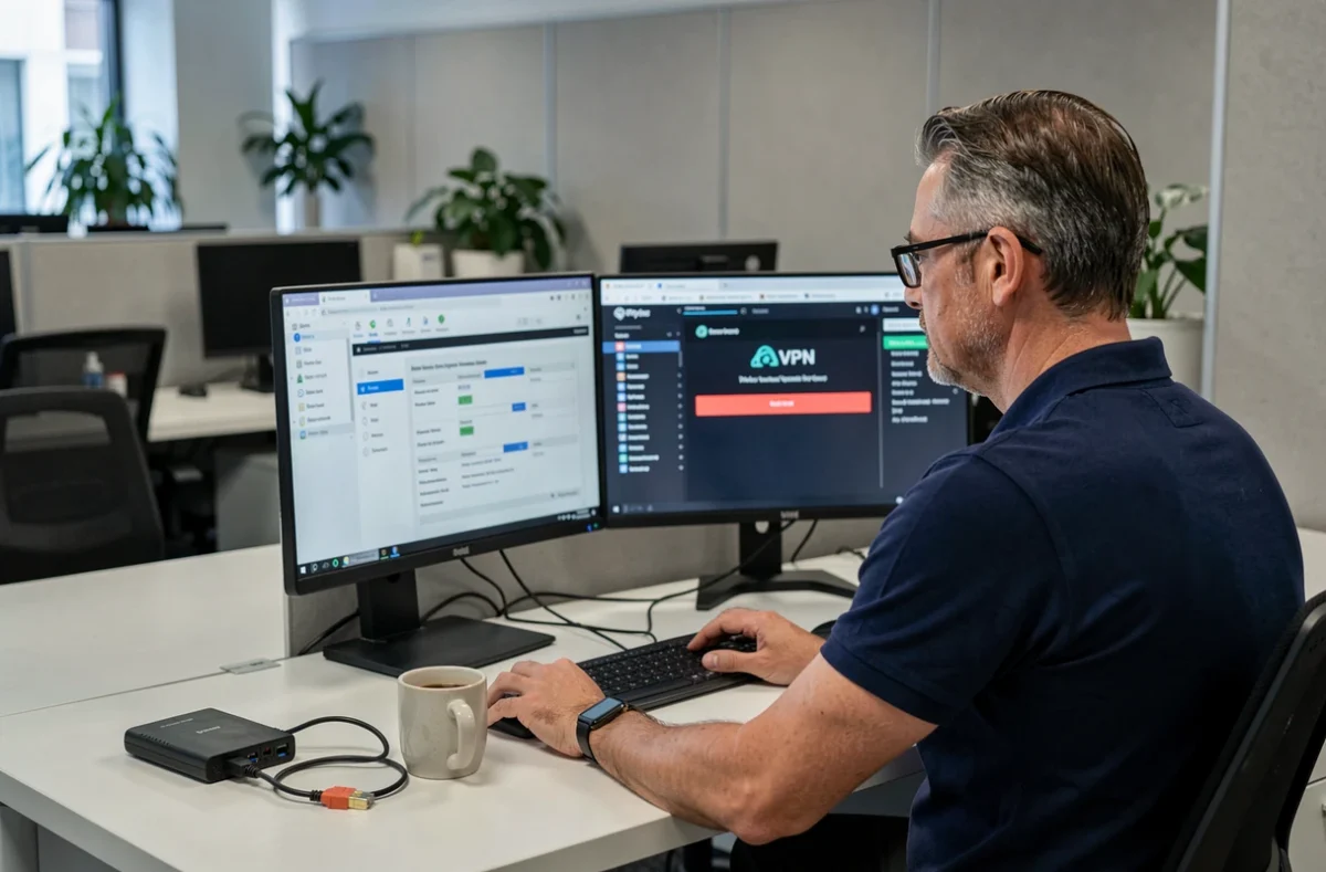 Technicien informatique analysant un problème de coupure wifi causé par un VPN sur deux écrans en bureau professionnel