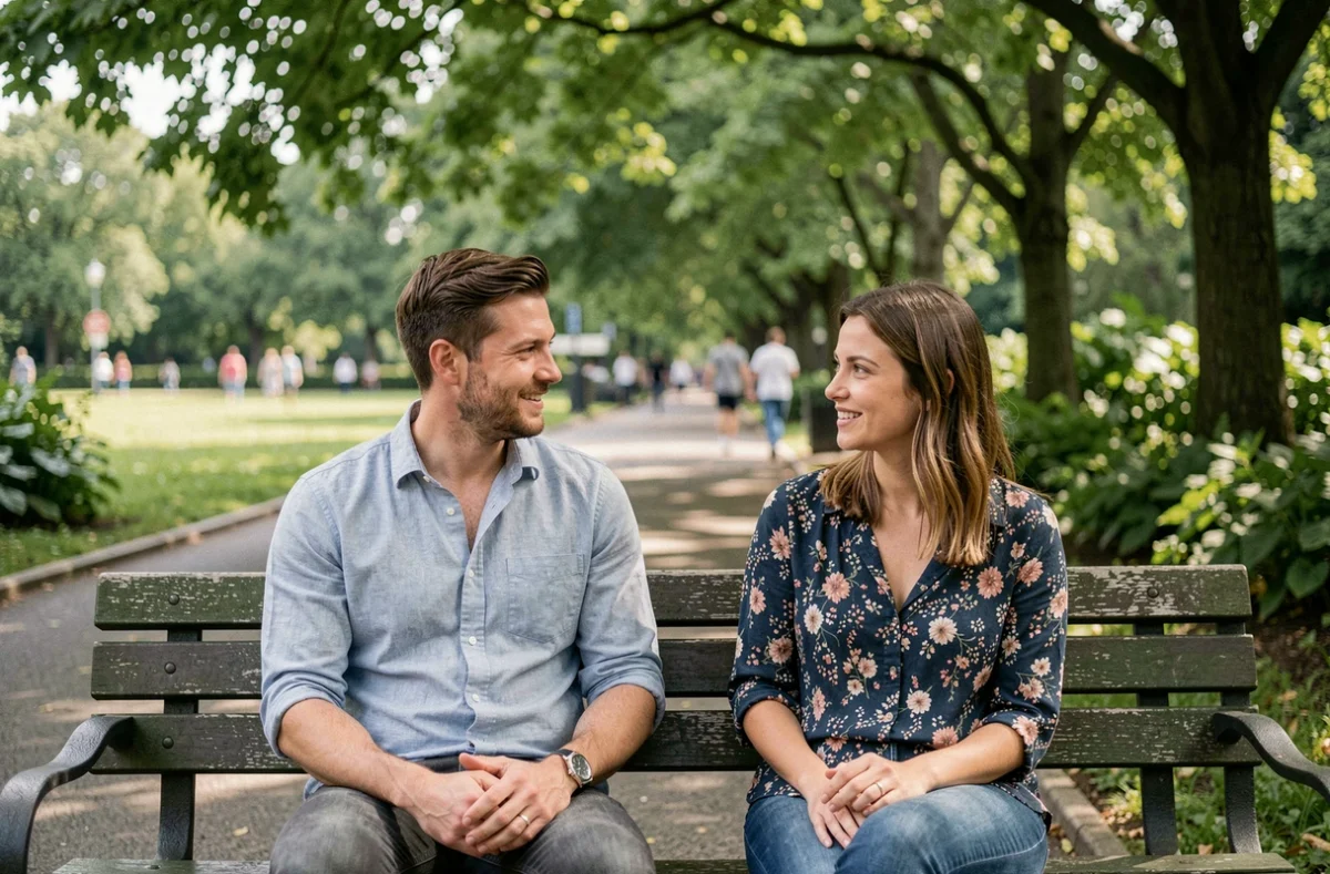 Deux adultes en conversation bienveillante sur un banc de parc, symbolisant le dialogue ouvert sur l'orientation sexuelle et l'allosexualité