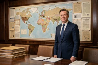 Diplomate devant une carte du monde dans une salle de conférence officielle illustrant les enjeux géopolitiques