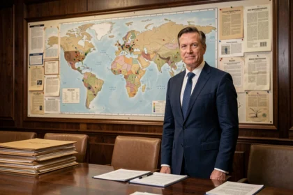 Diplomate devant une carte du monde dans une salle de conférence officielle illustrant les enjeux géopolitiques