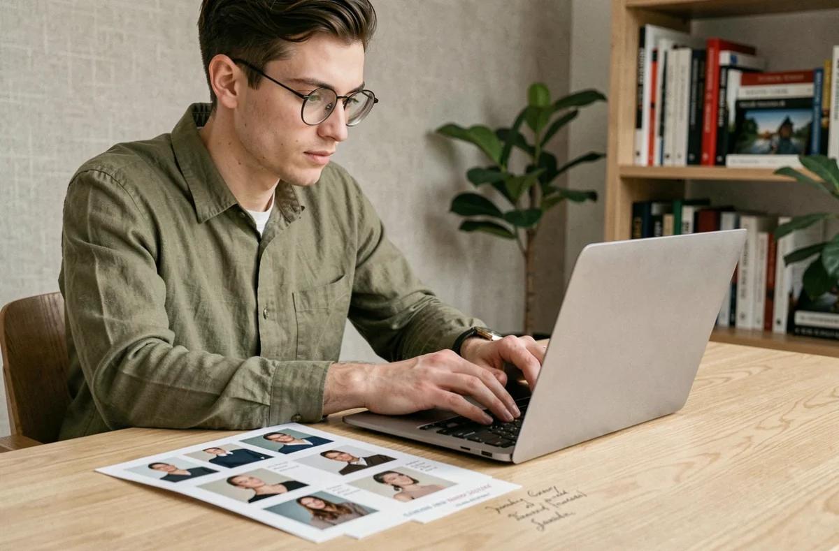 Directeur créatif rédigeant un email de demande de collaboration à un modèle depuis son bureau à domicile