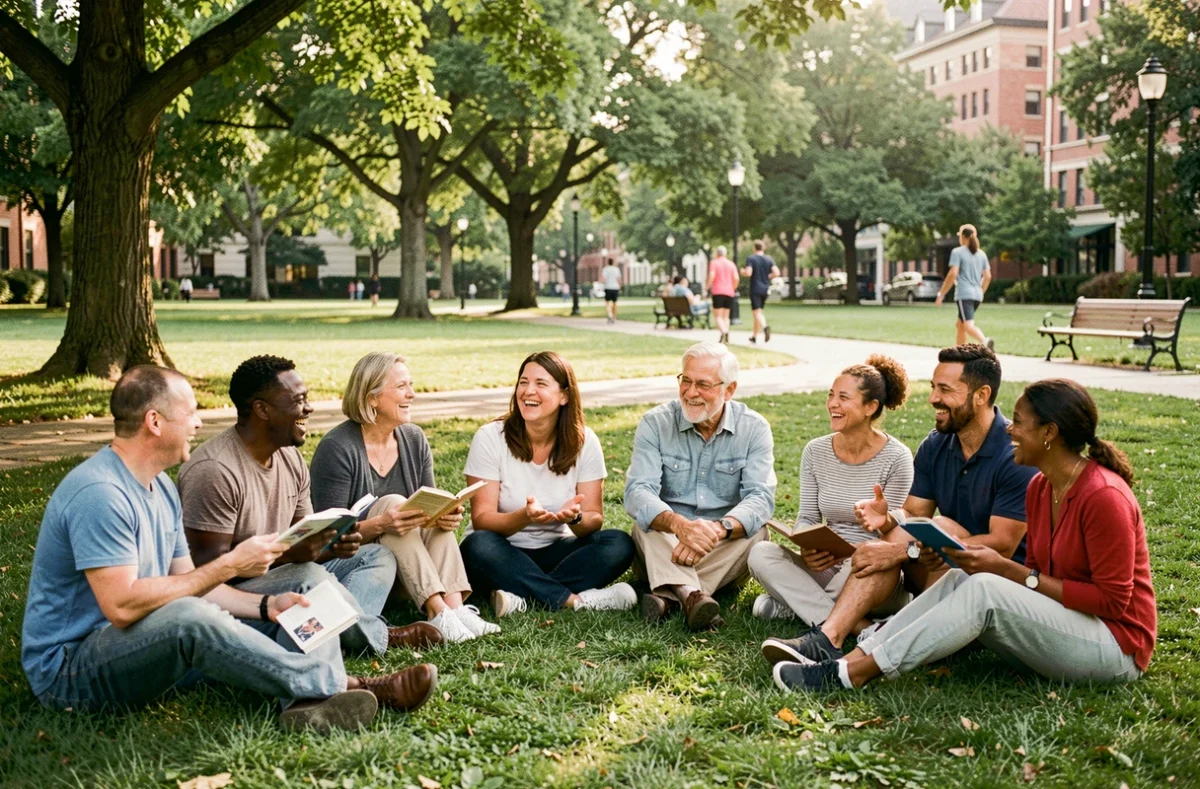 Groupe multigénérationnel et multiculturel réuni dans un parc urbain, représentant les valeurs d'inclusion et de diversité sociale