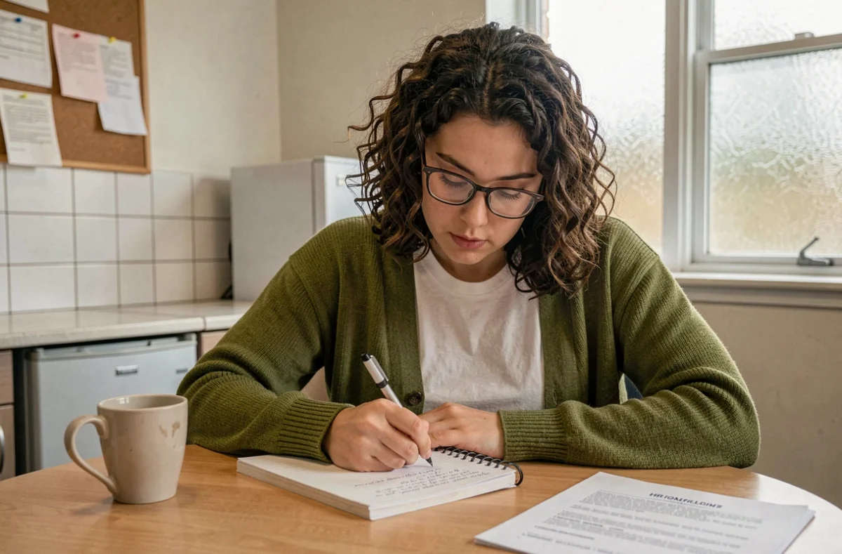 Jeune femme prenant des notes dans une salle de pause pour documenter une pression psychologique au travail