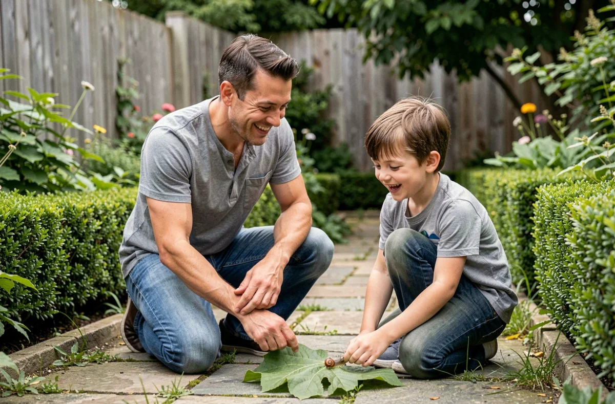 Un père patient accroupi avec son fils dans le jardin, explorant la nature ensemble dans un esprit d'éducation libre et curieuse