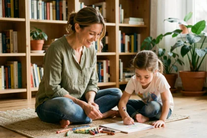 Une mère bienveillante assise avec sa fille qui dessine librement sur le sol, illustrant une éducation douce et respectueuse
