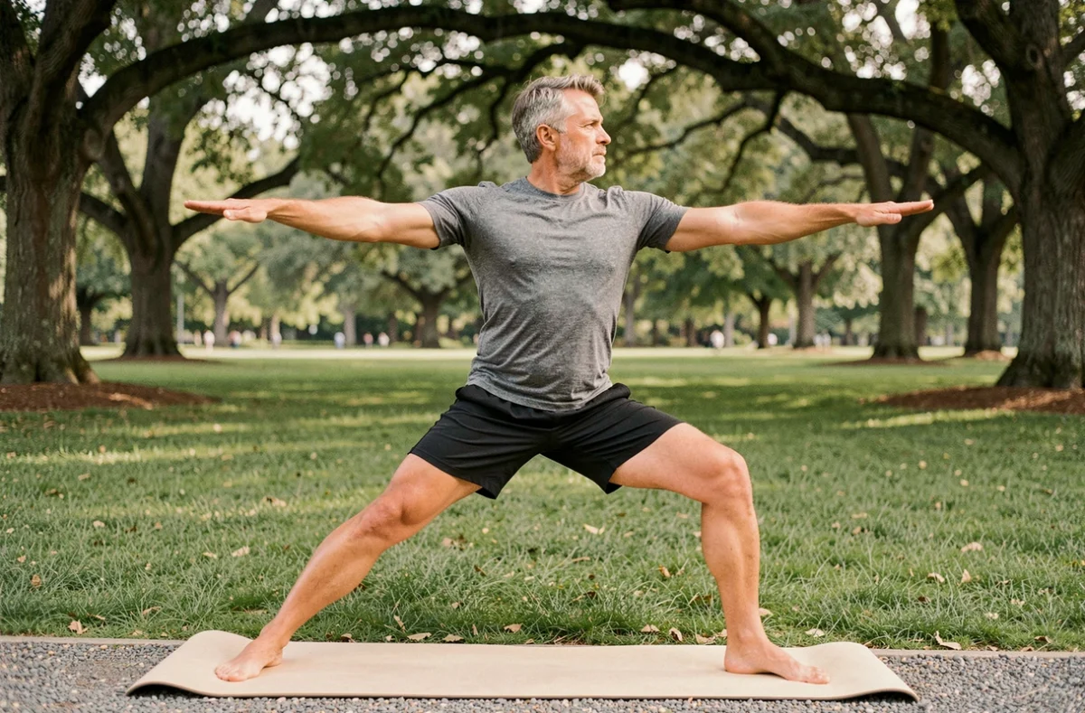 Homme d'une quarantaine d'années en posture du guerrier sur un tapis de yoga en plein air dans un parc, montrant les bénéfices physiques du yoga sur la posture et la force musculaire