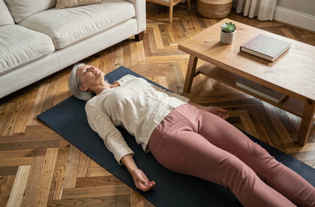 Femme d'une cinquantaine d'années en posture de savasana sur un tapis de yoga dans son salon, illustrant les effets relaxants et réparateurs du yoga pratiqué à domicile