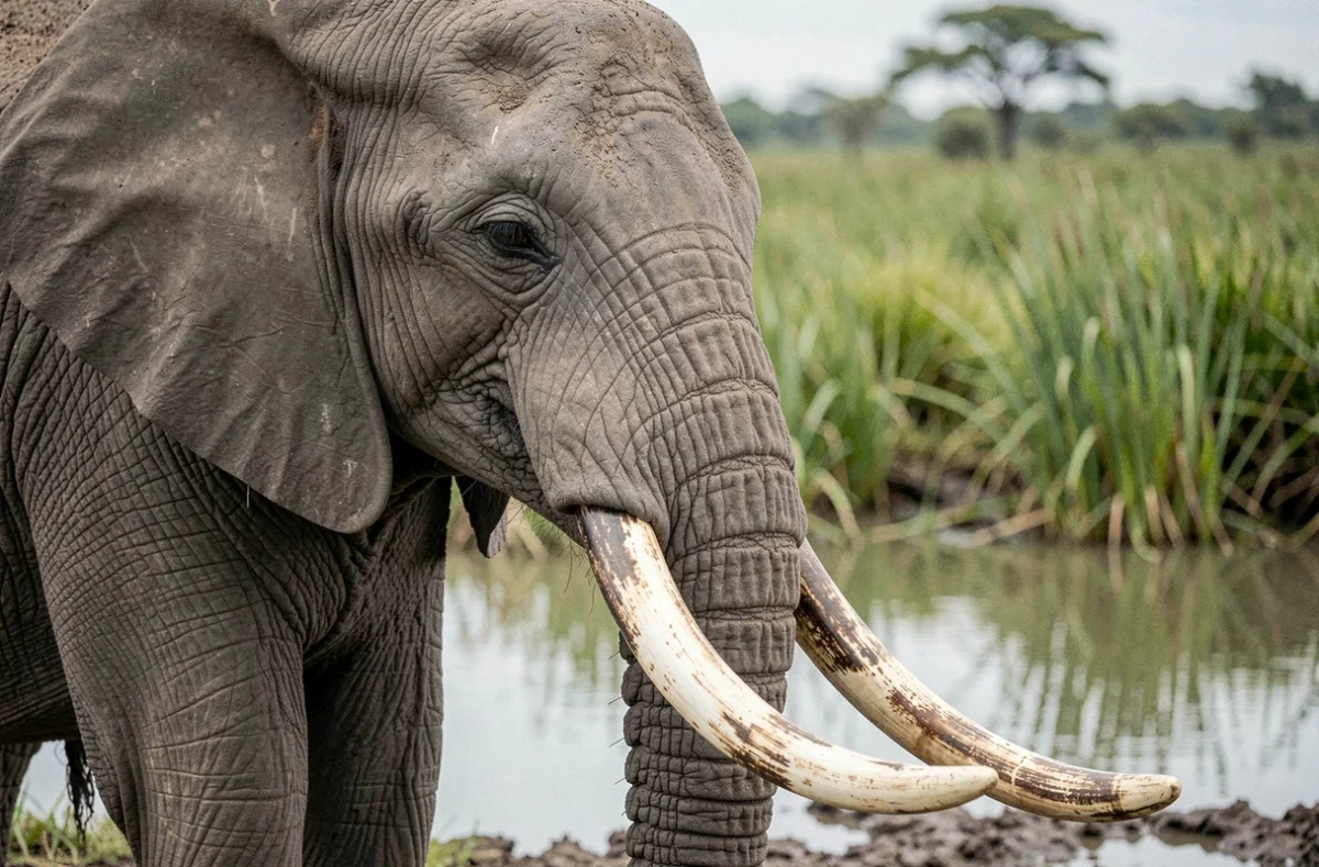 Éléphant africain en gros plan au bord d'un point d'eau dans le delta de l'Okavango au Botswana lors d'un safari