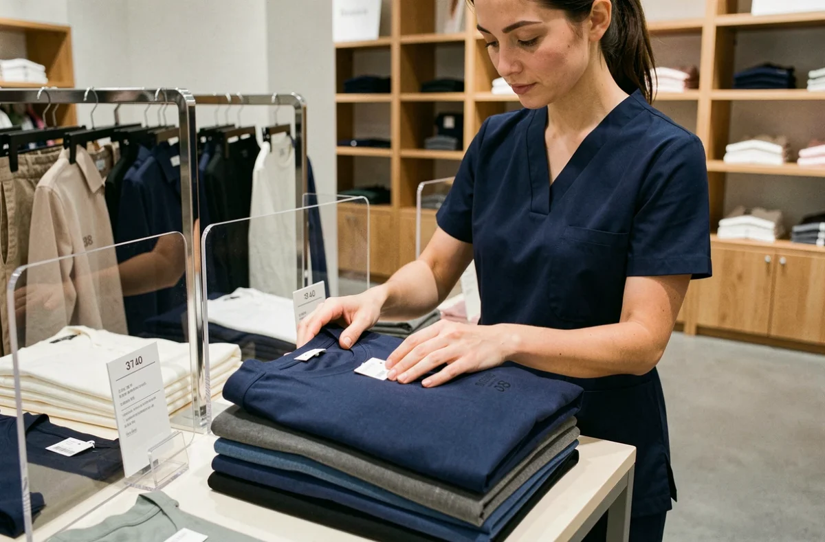 Employée de magasin pliant des vêtements femme avec séparateurs de tailles visibles dans une boutique française