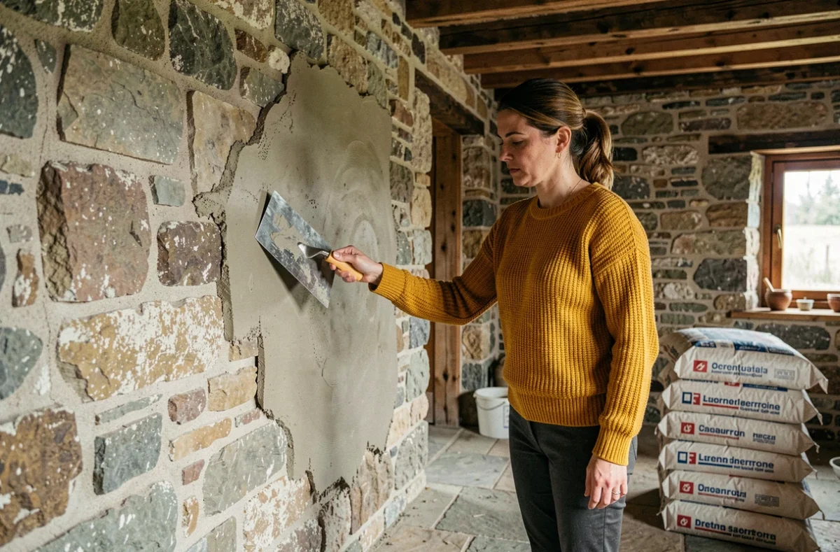 Femme appliquant un enduit isolant thermique sur un mur en pierre dans une maison de campagne