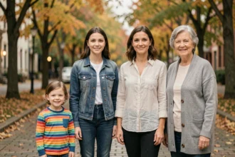 Quatre personnes représentant différentes étapes de la croissance humaine, de la petite enfance à la vieillesse, debout côte à côte sur un chemin urbain en automne