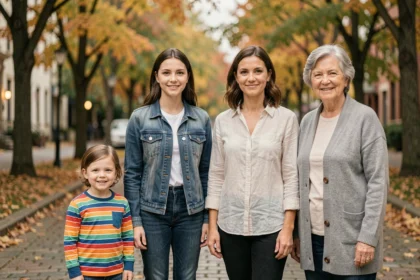 Quatre personnes représentant différentes étapes de la croissance humaine, de la petite enfance à la vieillesse, debout côte à côte sur un chemin urbain en automne