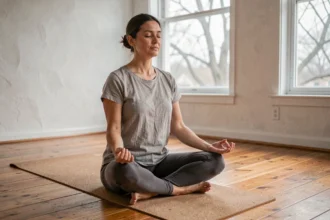 Femme en posture de méditation assise sur un tapis de yoga en liège dans un studio calme, illustrant l'éthique et la pleine conscience dans la pratique du yoga