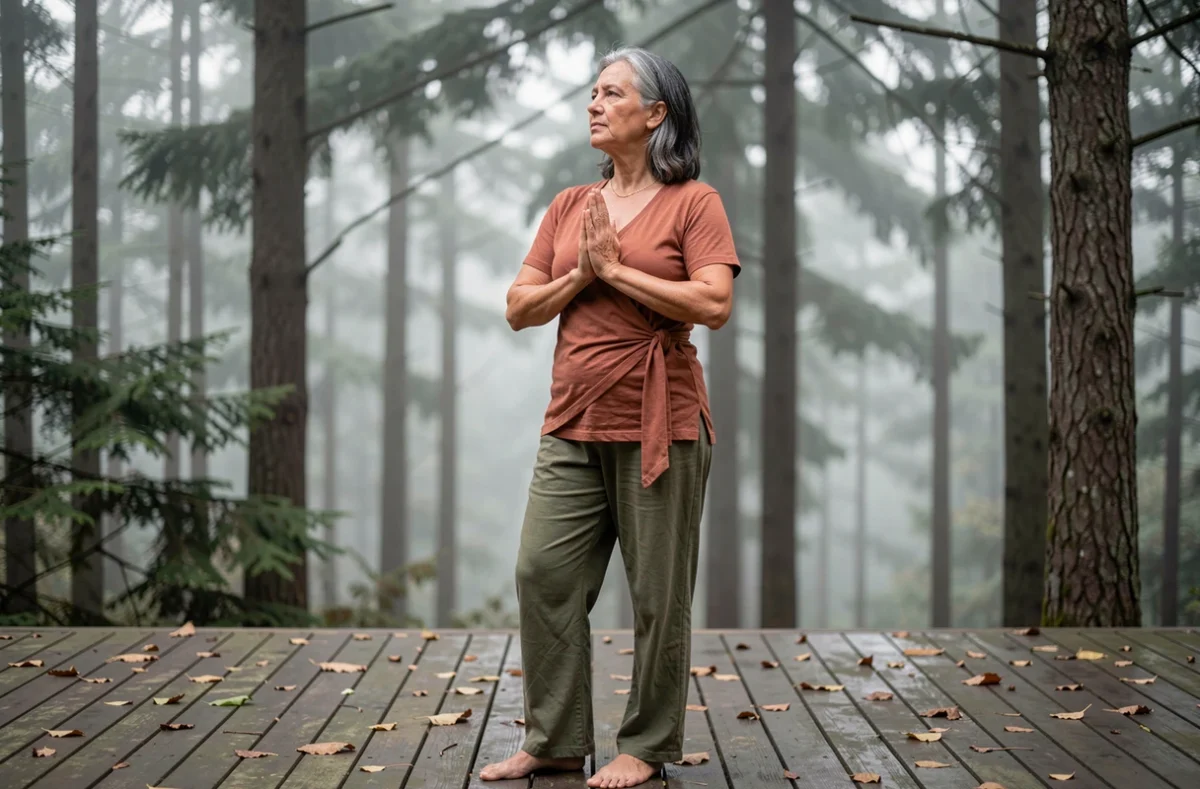 Femme pratiquant le yoga en plein air sur une terrasse en bois face à une forêt, les mains en prière, illustrant la réflexion éthique et spirituelle dans la pratique du yoga