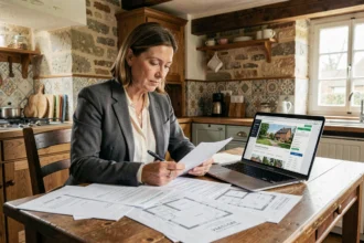 Femme consultant des documents d'estimation immobilière pour évaluer la valeur d'une maison héritée