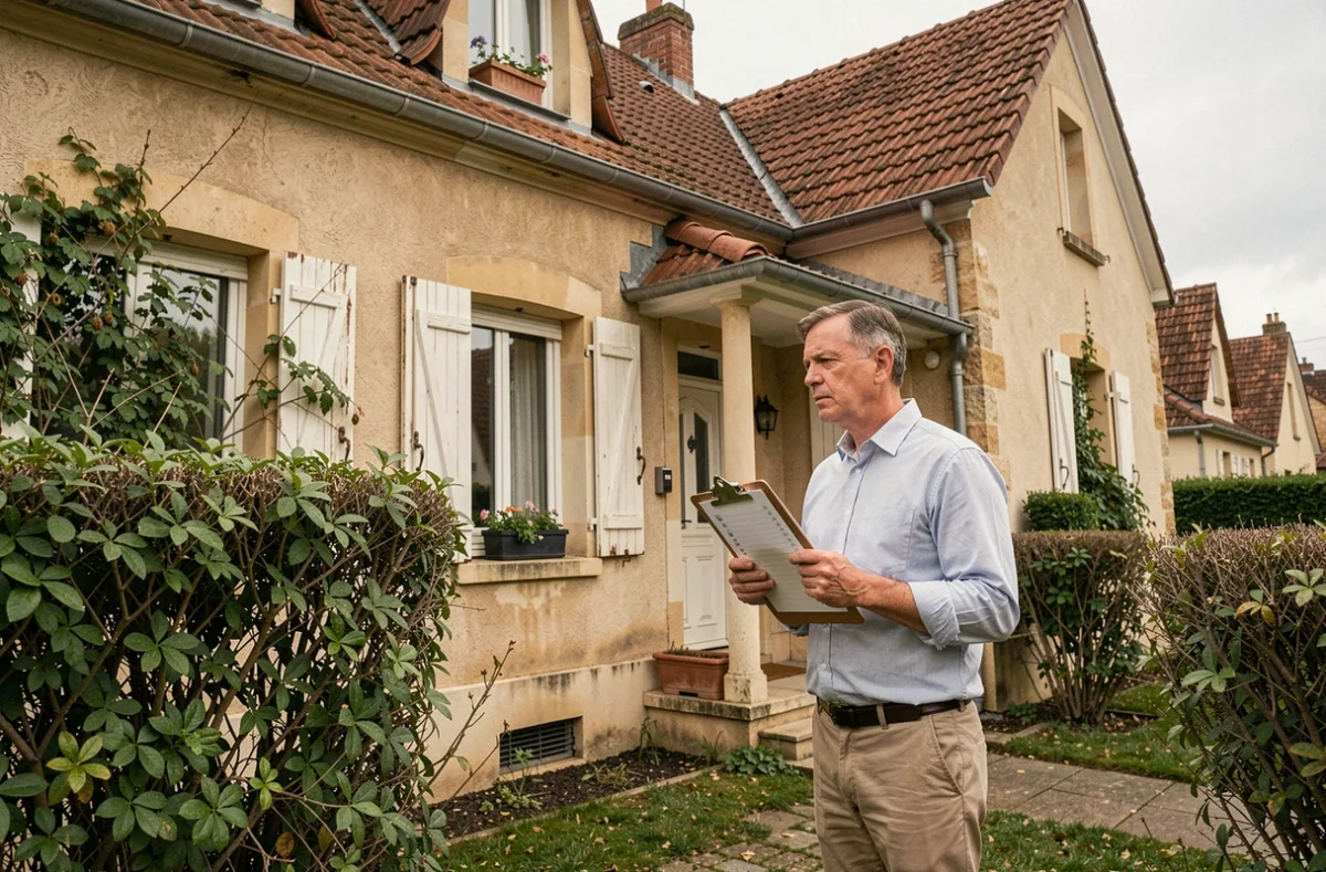 Expert immobilier évaluant l'extérieur d'une maison héritée lors d'une expertise officielle