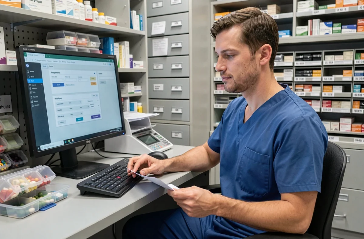Technicien en pharmacie gérant la facturation d'une préparation de pilulier sur ordinateur