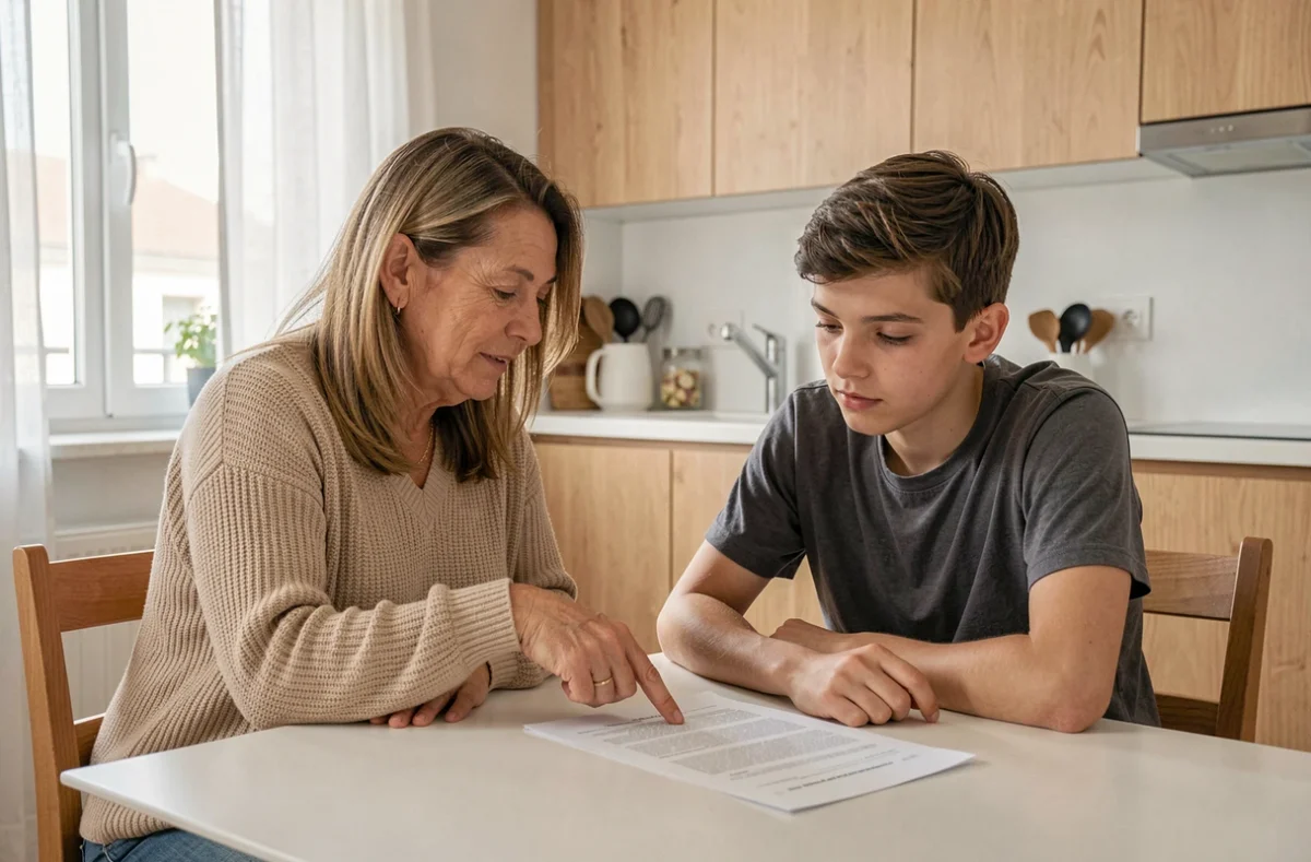Femme et adolescent adoptif consultant des documents juridiques sur les droits de succession à domicile
