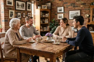 Famille multigénérationnelle réunie autour d'une table représentant les différentes phases de la transition démographique