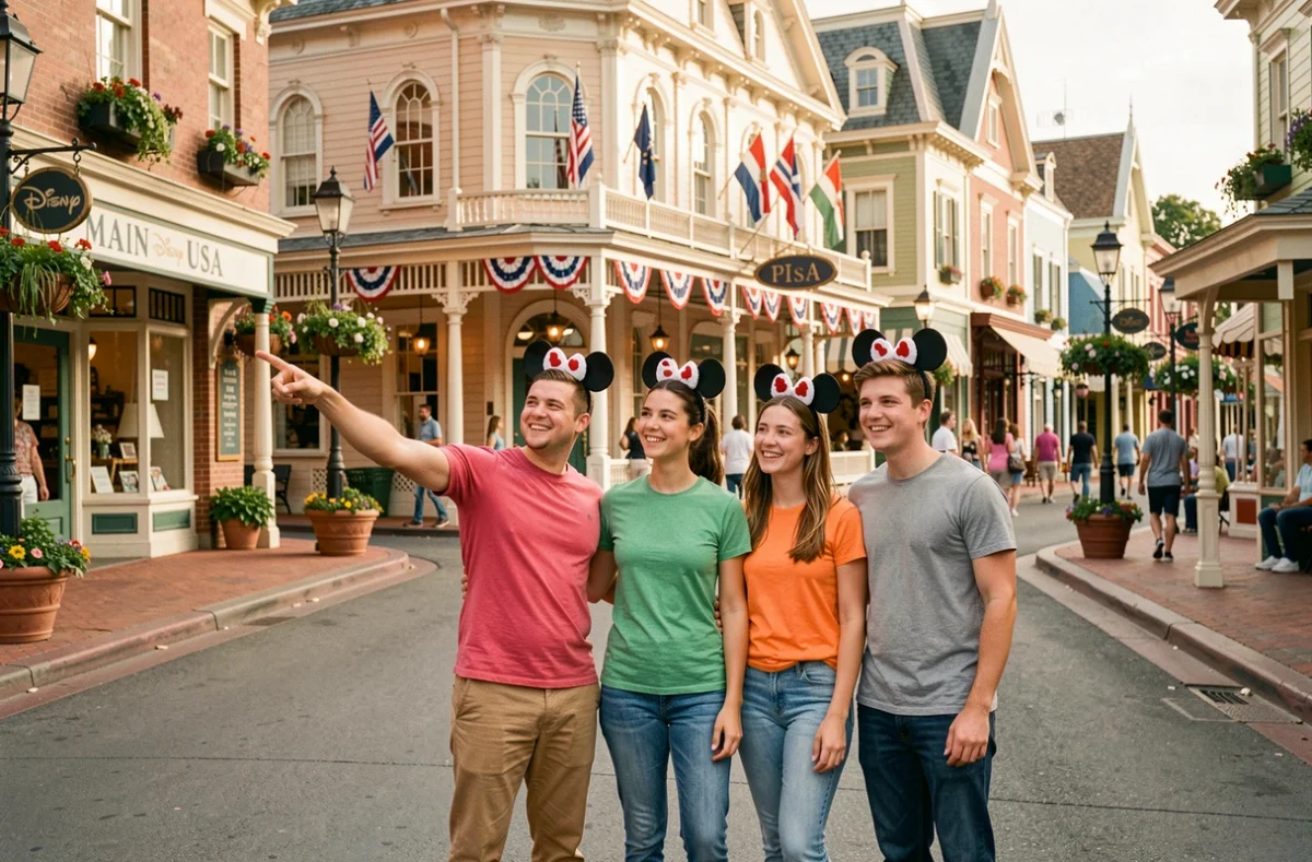 Famille heureuse portant des oreilles Mickey dans une rue de parc Disney