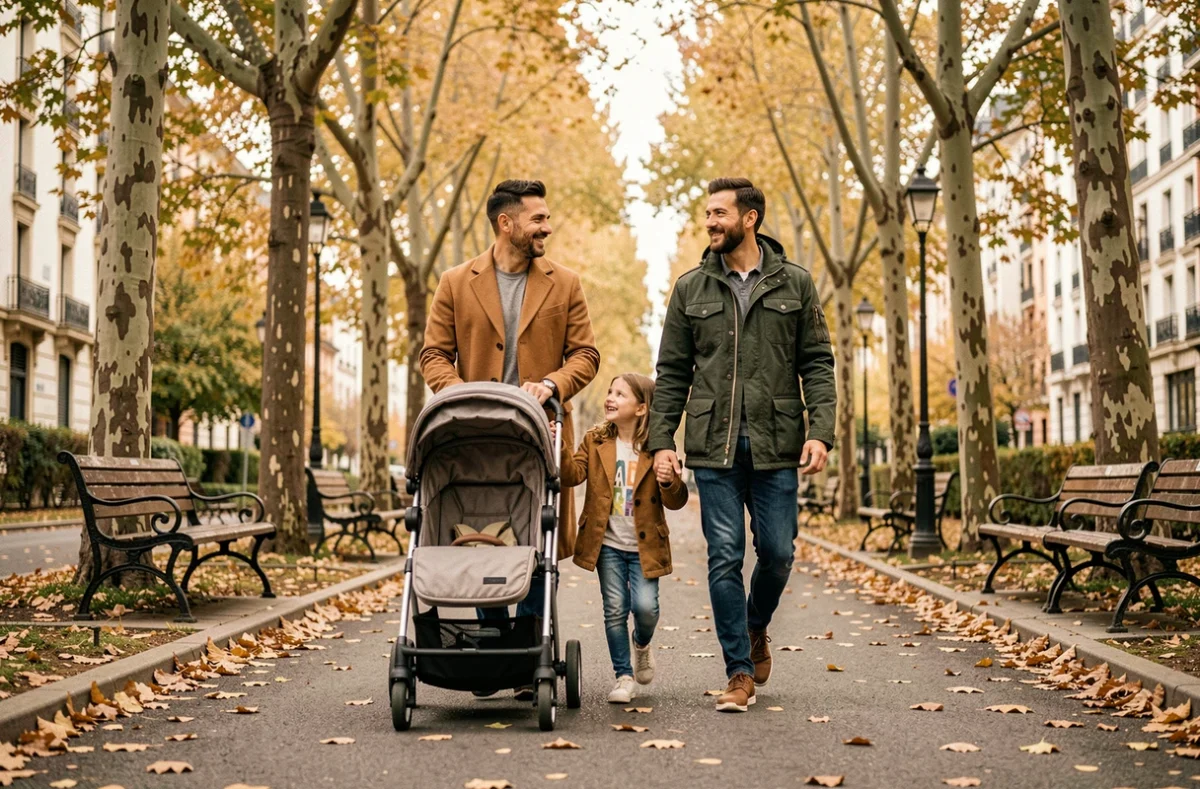 Couple de parents se promenant avec leurs enfants dans un parc urbain en automne, représentant les valeurs de protection et de bien-être familial de la branche famille