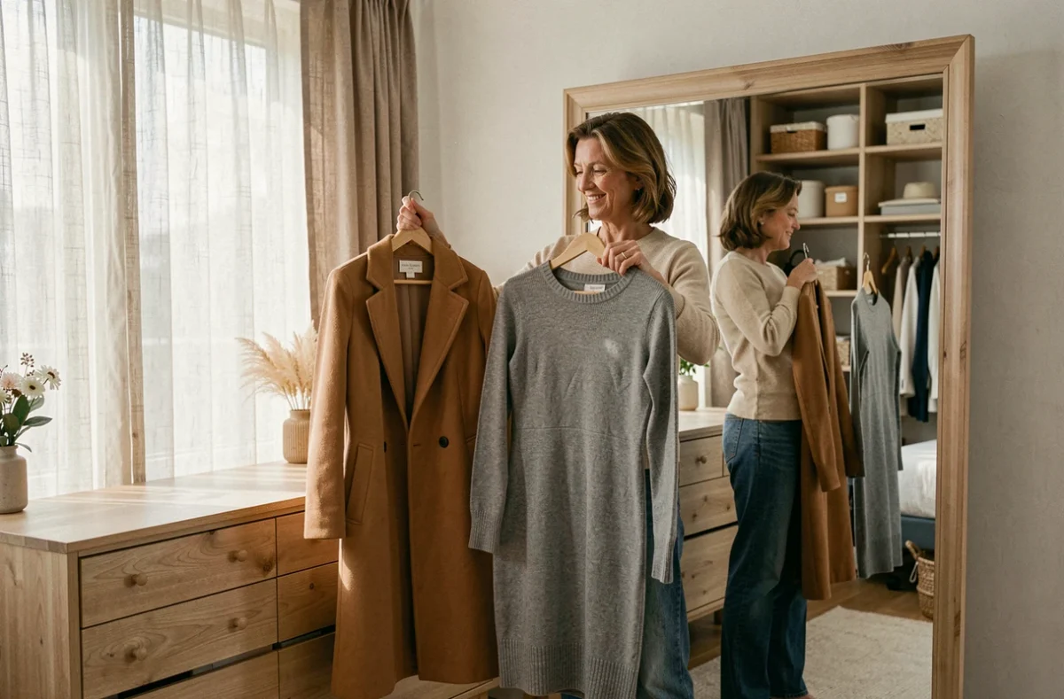 Femme dans la cinquantaine devant un miroir de chambre, comparant un manteau camel et une robe en maille grise pour composer sa tenue idéale