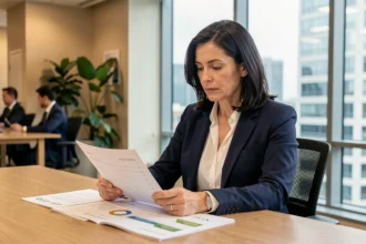 Femme analyste financière étudiant des rapports d'investissement éthique et ESG dans un bureau moderne