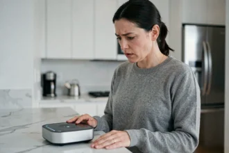 Femme inquiète devant un appareil connecté de maison intelligente dans une cuisine moderne