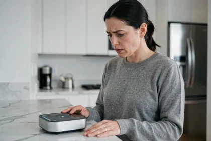 Femme inquiète devant un appareil connecté de maison intelligente dans une cuisine moderne