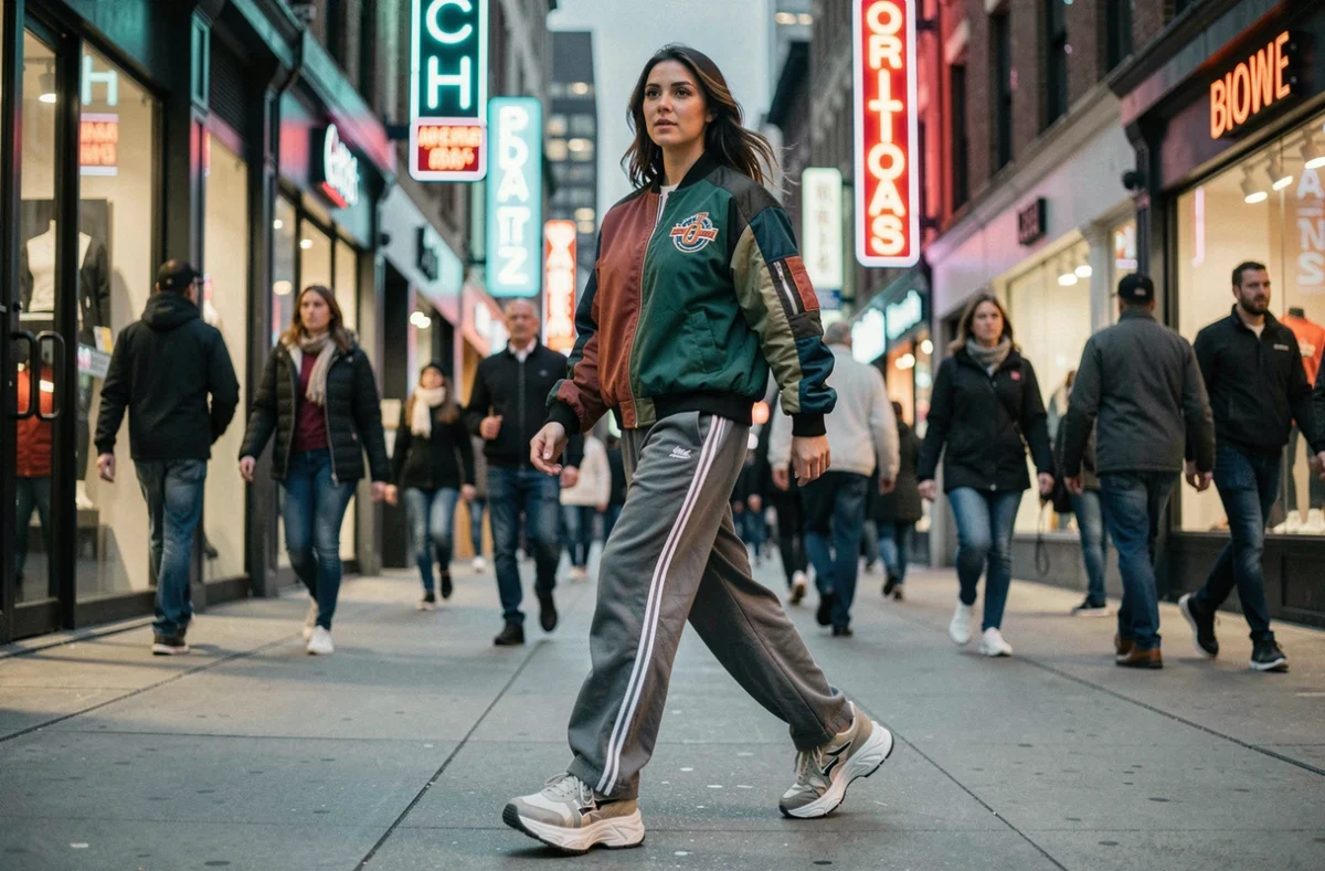 Femme en bomber jacket streetwear marchant avec assurance dans une rue commerçante animée de la ville