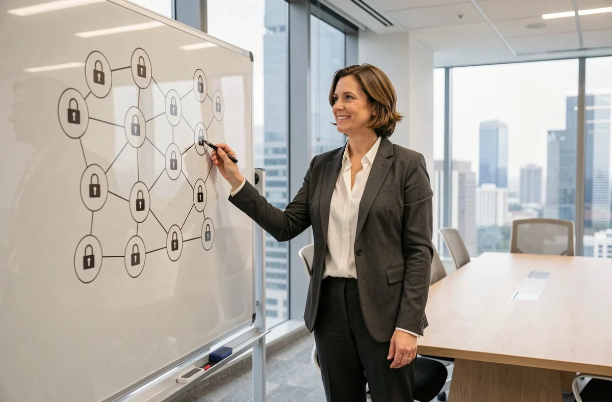 Femme cadre expliquant le fonctionnement d'une blockchain privée sur un tableau blanc en salle de réunion