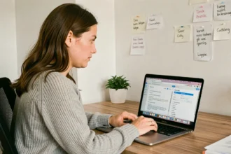 Femme comparant DeepL et ChatGPT sur son ordinateur portable dans un bureau à domicile épuré