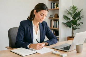 Femme entrepreneur à son bureau avec un business plan et des billets en euros, illustrant comment créer un business avec 20 000 euros